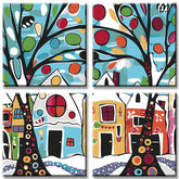Painting by Numbers Art Trees in Front of Colorful Houses 4-Panel